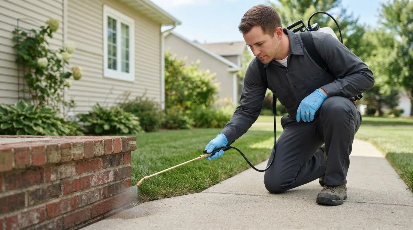 Pest control technician treating a home near Leon, OK