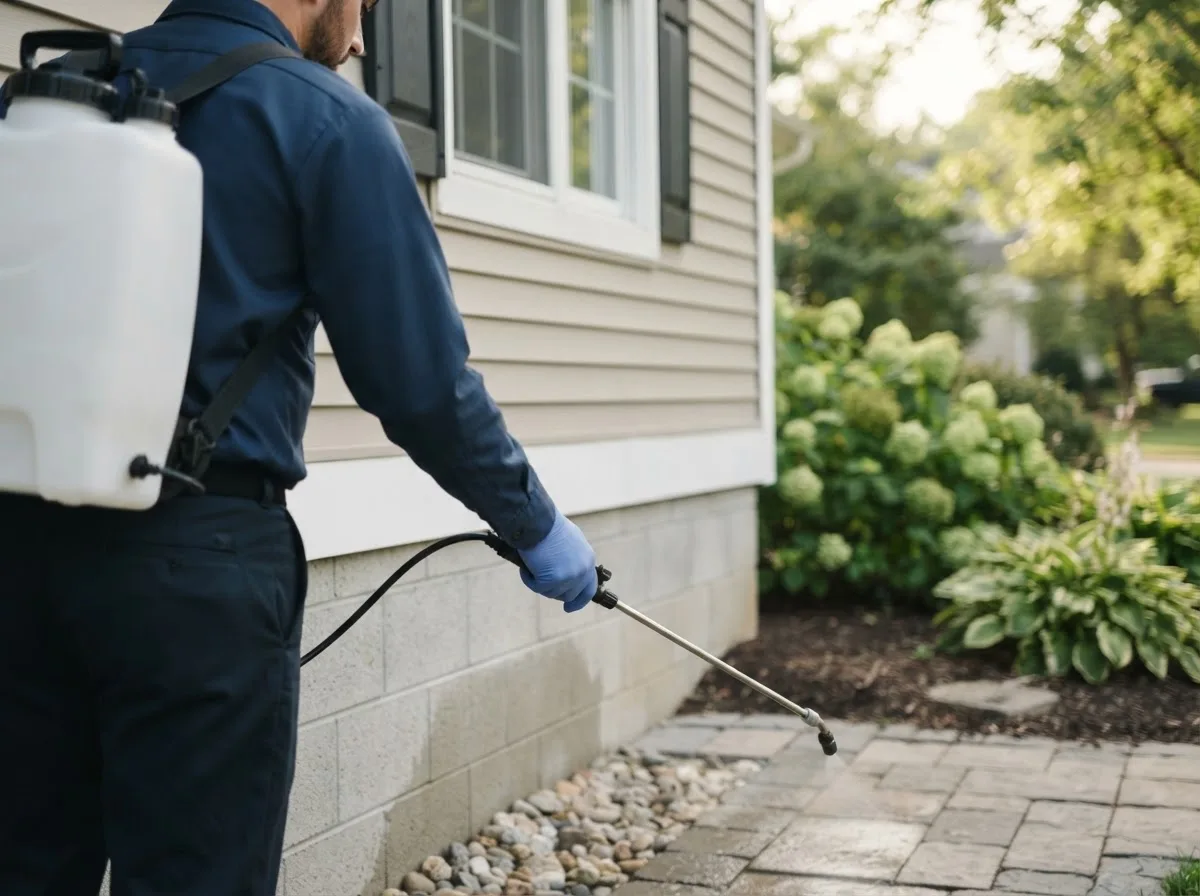 Pest control technician inspecting a home in Leon, OK